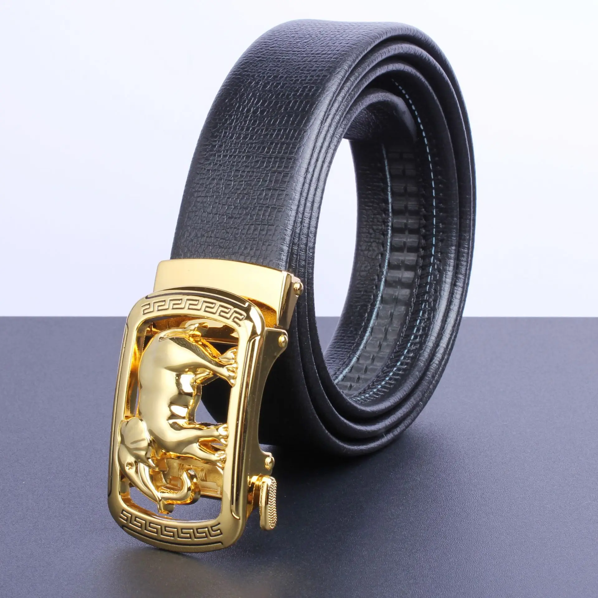 Men's Gold Plated Automatic Buckle Belt with Embroidered Design - Image 9