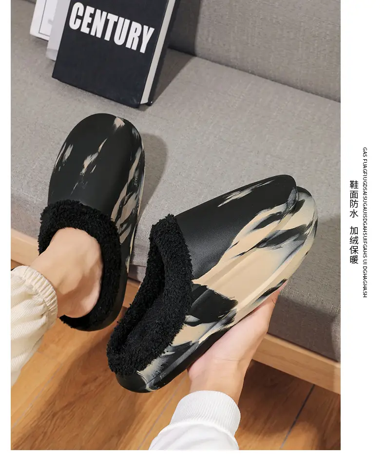 Plus size cotton slippers men's indoor waterproof fleece-lined warm cotton slippers women's outer wear thick bottom slip-on fashion cotton slippers — feature 14