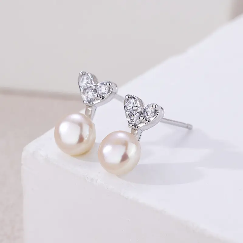 Diamond Encrusted Heart Pearl Earrings for Women