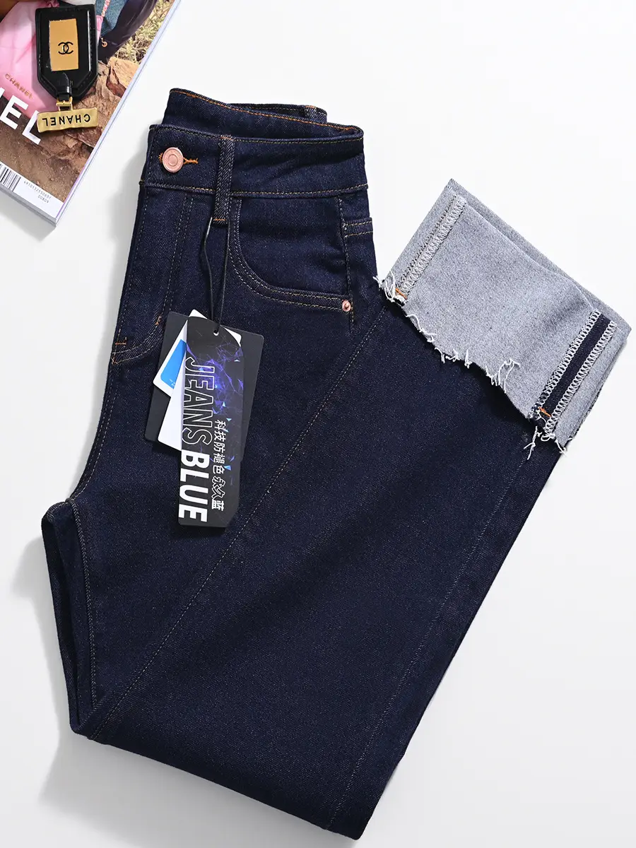 Dark Blue Stretch Egg Roll Pants Women High Waist Slim Curled