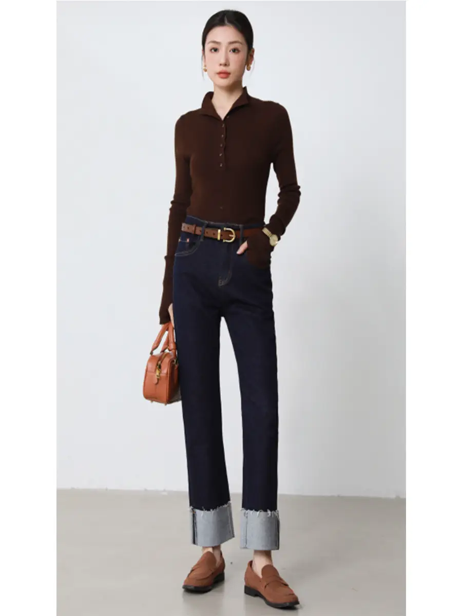 Dark Blue Stretch Egg Roll Pants Women High Waist Slim Curled