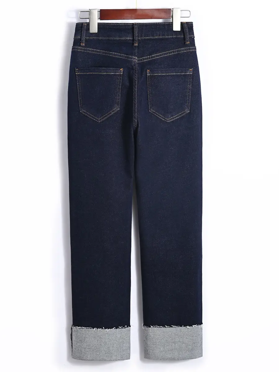 Dark Blue Stretch Egg Roll Pants Women High Waist Slim Curled