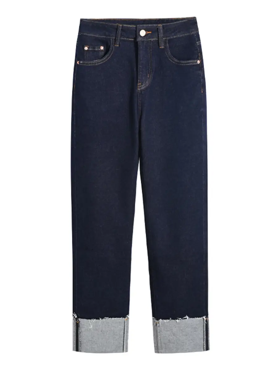 Dark Blue Stretch Egg Roll Pants Women High Waist Slim Curled