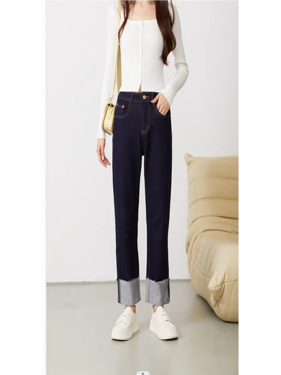 Dark Blue Stretch Egg Roll Pants Women High Waist Slim Curled — feature 2