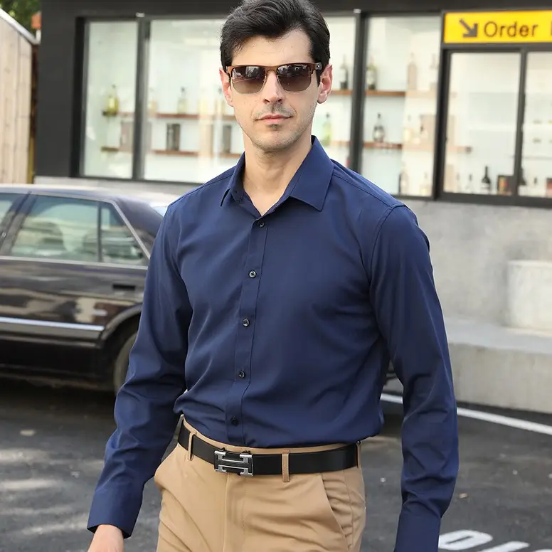 Men's Light Blue Stretch Shirt Business Casual Long Sleeve - Image 12