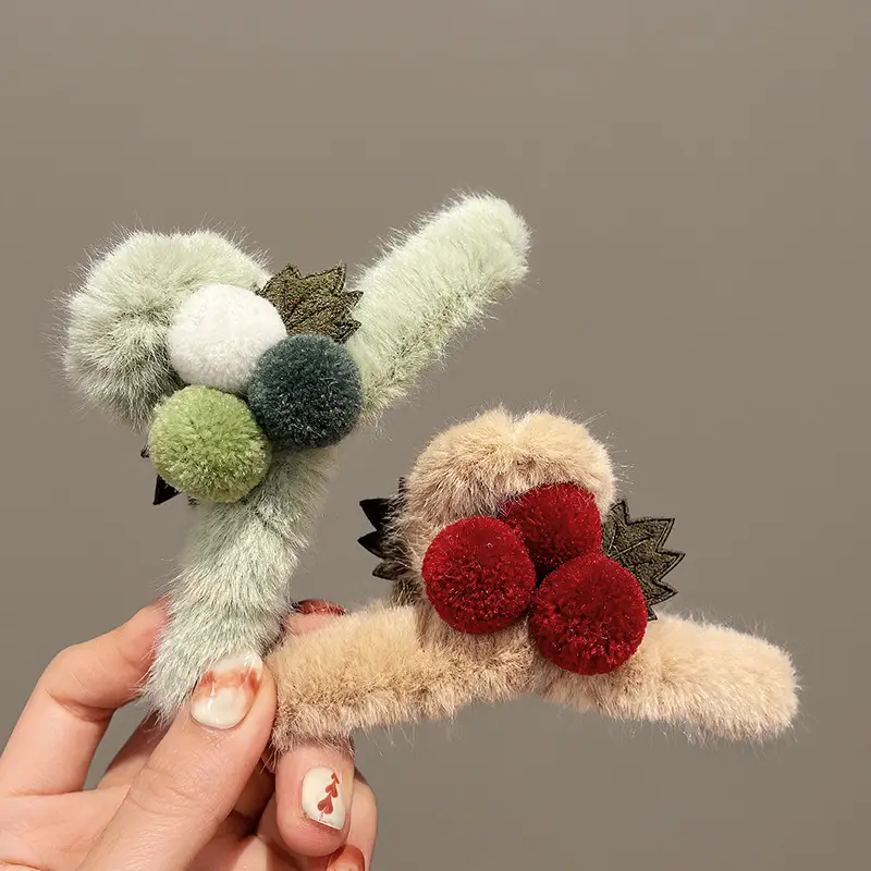 Plush Hair Clip for Women with Plush Pom Pom Decor