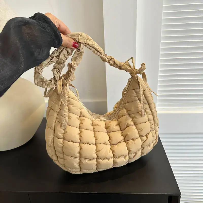 Women's Puffy Bubble Shoulder Messenger Bag Beige Cotton - Image 8