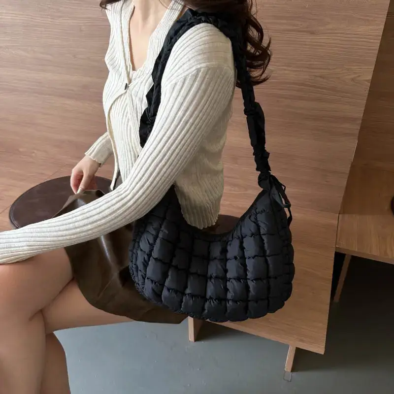 Women's Puffy Bubble Shoulder Messenger Bag Beige Cotton - Image 9