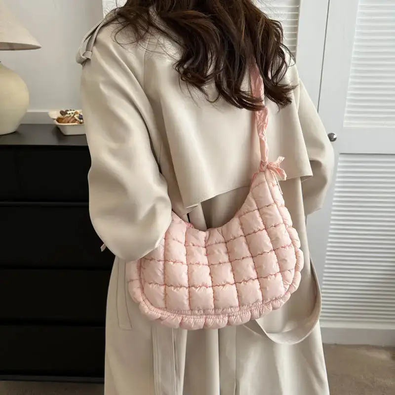 Women's Puffy Bubble Shoulder Messenger Bag Beige Cotton - Image 10