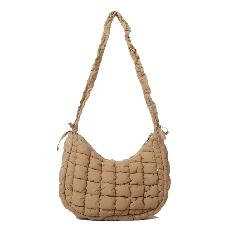 Women's Puffy Bubble Shoulder Messenger Bag Beige Cotton - Image 11