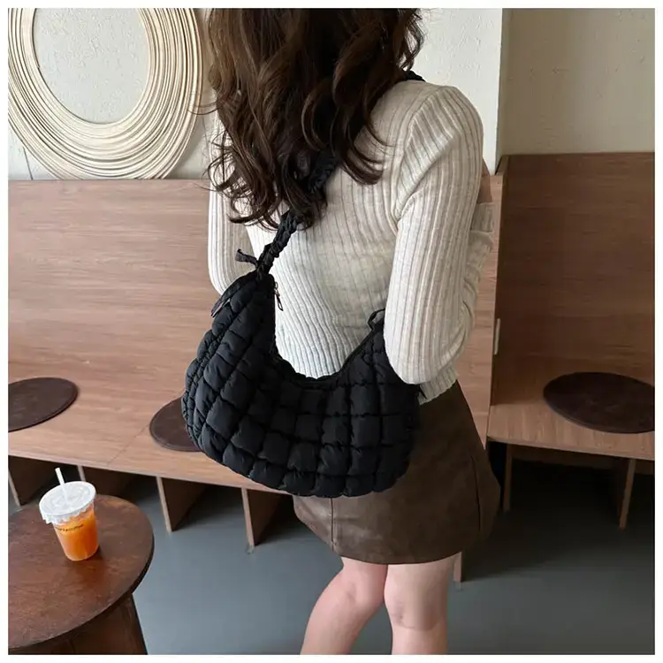 Women's Puffy Bubble Shoulder Messenger Bag Beige Cotton — feature 10
