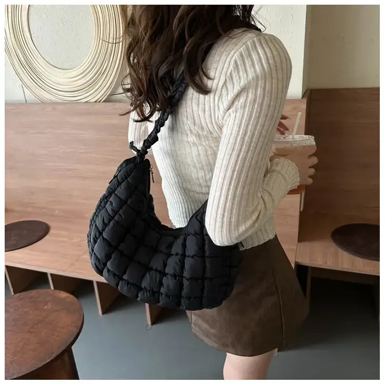 Women's Puffy Bubble Shoulder Messenger Bag Beige Cotton — feature 11