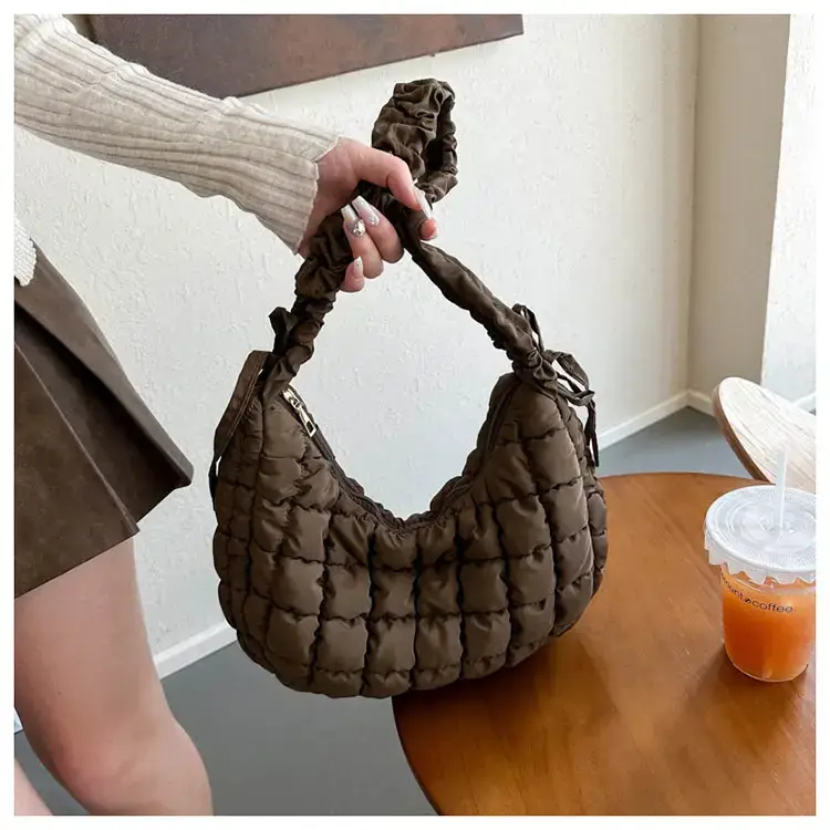 Women's Puffy Bubble Shoulder Messenger Bag Beige Cotton — feature 12