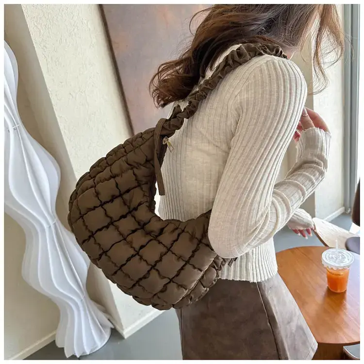 Women's Puffy Bubble Shoulder Messenger Bag Beige Cotton — feature 14