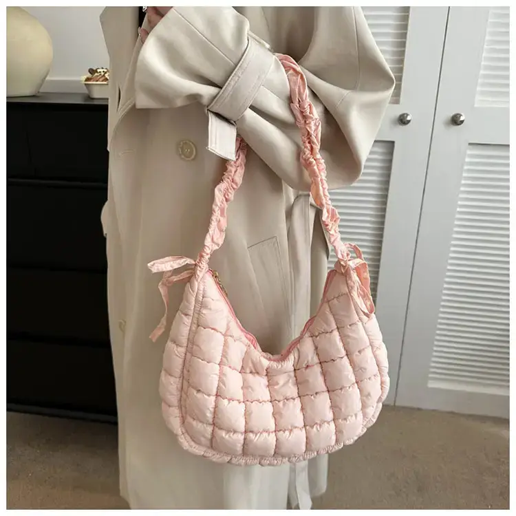 Women's Puffy Bubble Shoulder Messenger Bag Beige Cotton — feature 16