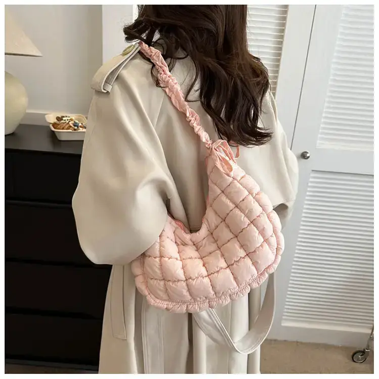 Women's Puffy Bubble Shoulder Messenger Bag Beige Cotton — feature 17