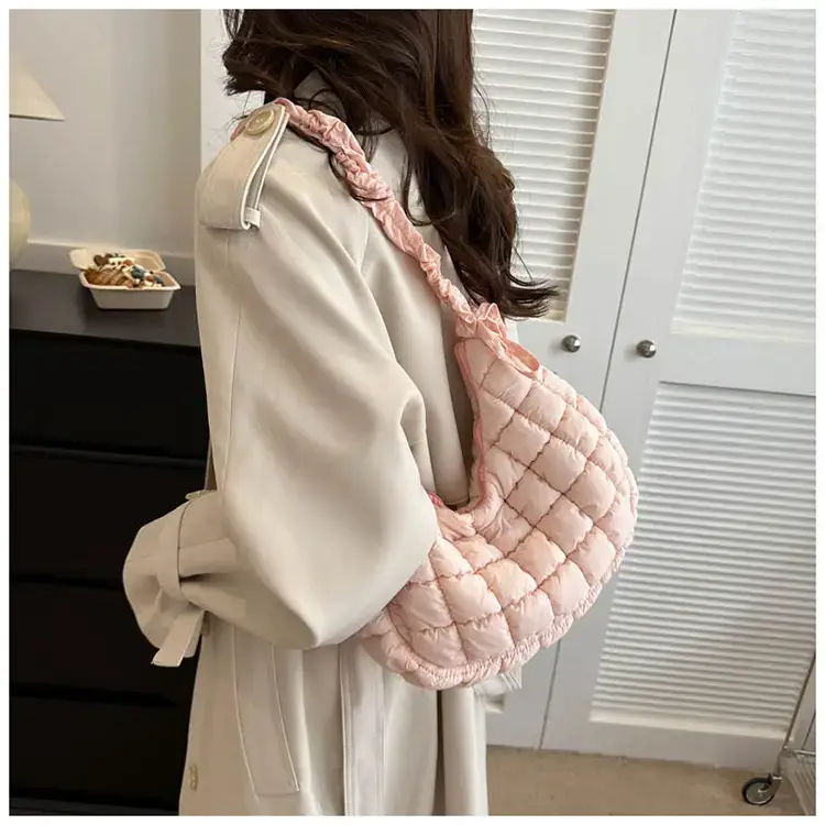 Women's Puffy Bubble Shoulder Messenger Bag Beige Cotton — feature 18