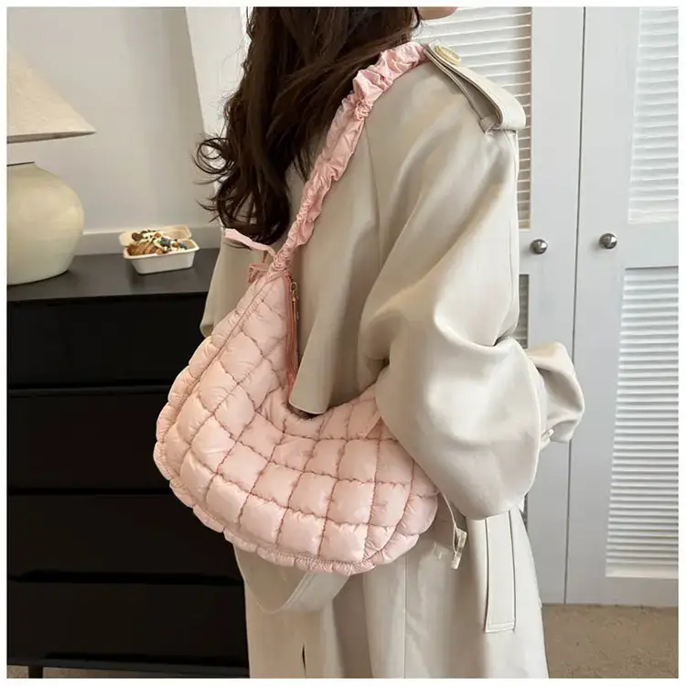 Women's Puffy Bubble Shoulder Messenger Bag Beige Cotton — feature 19