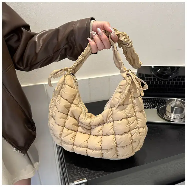 Women's Puffy Bubble Shoulder Messenger Bag Beige Cotton — feature 24