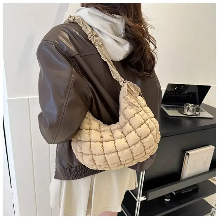 Women's Puffy Bubble Shoulder Messenger Bag Beige Cotton — feature 26