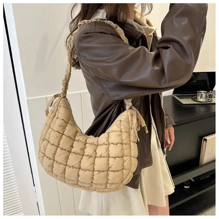 Women's Puffy Bubble Shoulder Messenger Bag Beige Cotton — feature 27