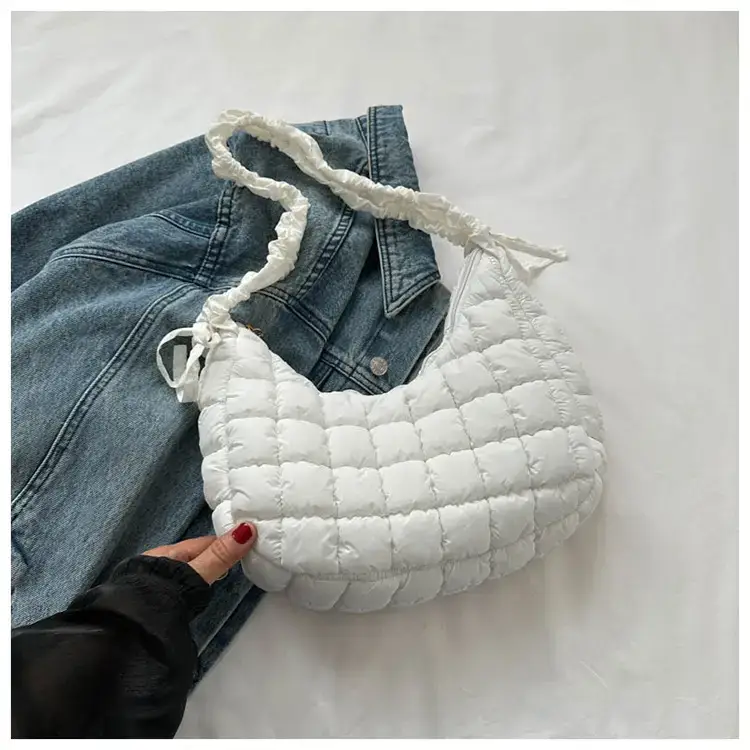 Women's Puffy Bubble Shoulder Messenger Bag Beige Cotton — feature 29