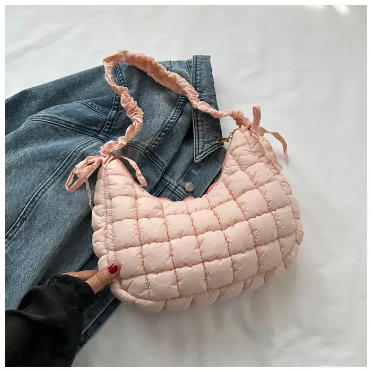 Women's Puffy Bubble Shoulder Messenger Bag Beige Cotton — feature 30