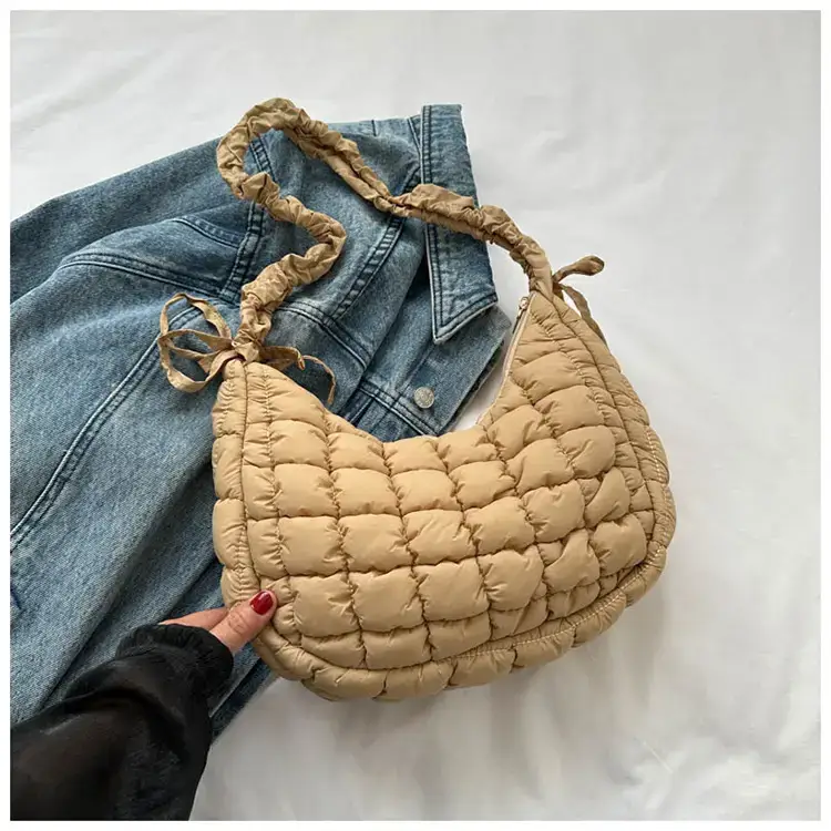 Women's Puffy Bubble Shoulder Messenger Bag Beige Cotton — feature 31