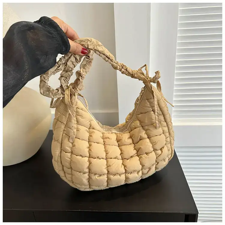 Women's Puffy Bubble Shoulder Messenger Bag Beige Cotton — feature 33