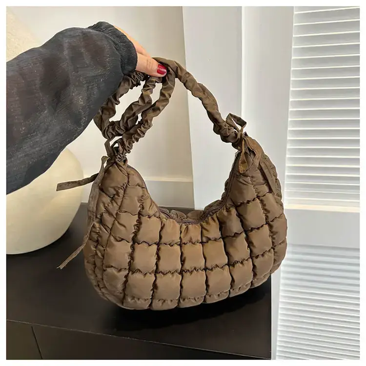 Women's Puffy Bubble Shoulder Messenger Bag Beige Cotton — feature 35
