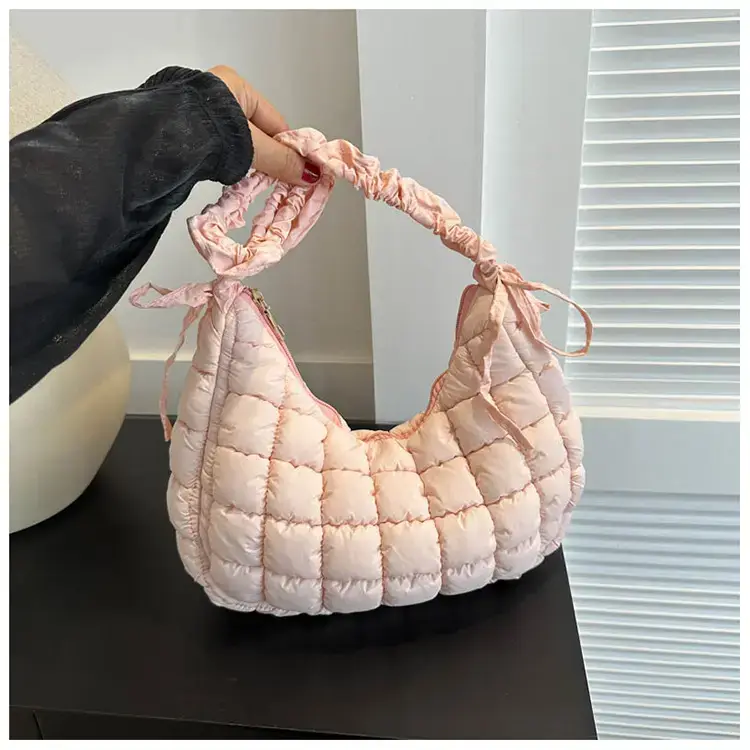 Women's Puffy Bubble Shoulder Messenger Bag Beige Cotton — feature 36