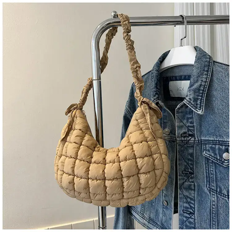 Women's Puffy Bubble Shoulder Messenger Bag Beige Cotton — feature 38