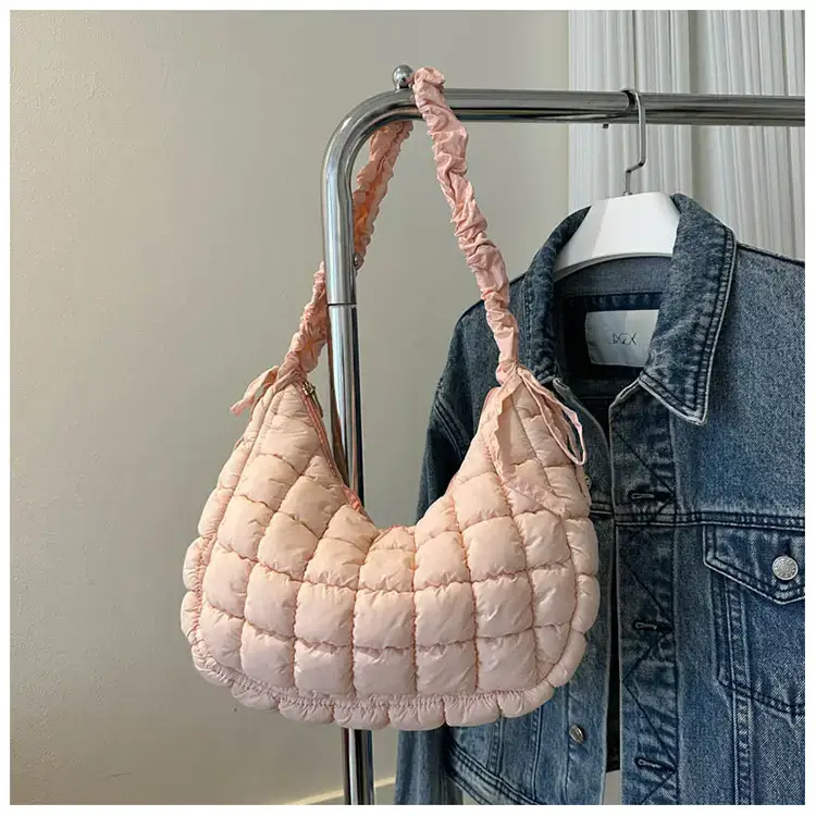 Women's Puffy Bubble Shoulder Messenger Bag Beige Cotton — feature 39
