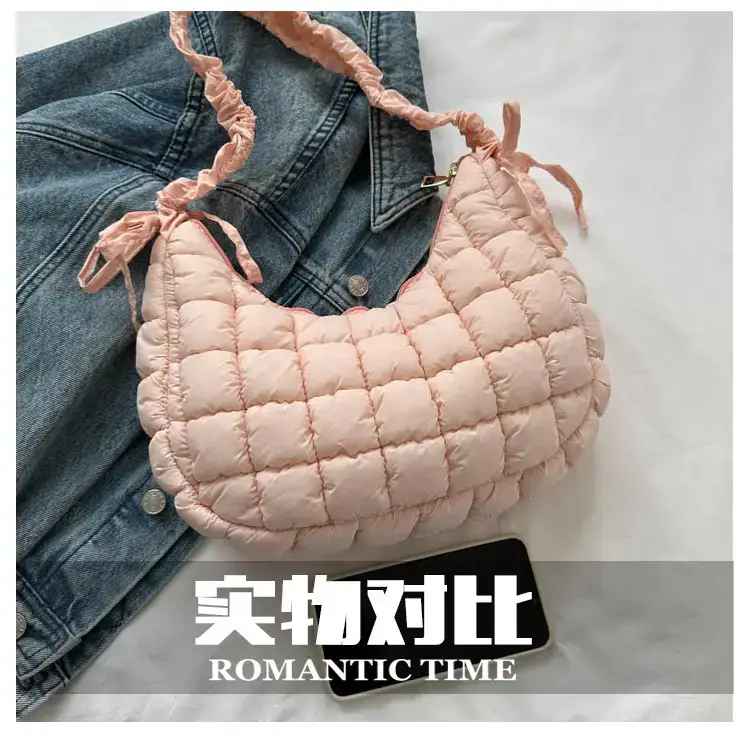 Women's Puffy Bubble Shoulder Messenger Bag Beige Cotton — feature 7