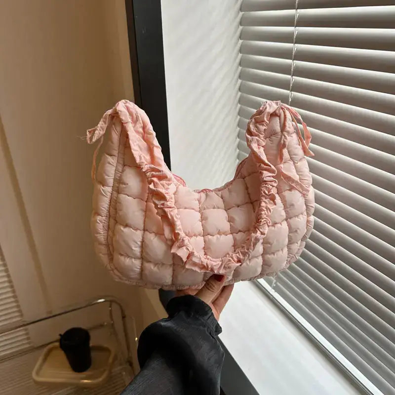 Women's Puffy Bubble Shoulder Messenger Bag Beige Cotton - Image 4