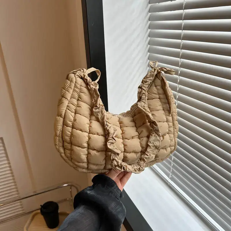 Women's Puffy Bubble Shoulder Messenger Bag Beige Cotton - Image 5