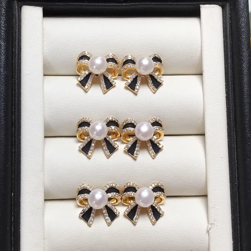 Bow Zircon Pearl Earrings High Fashion Design