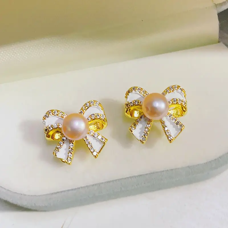 Bow Zircon Pearl Earrings High Fashion Design
