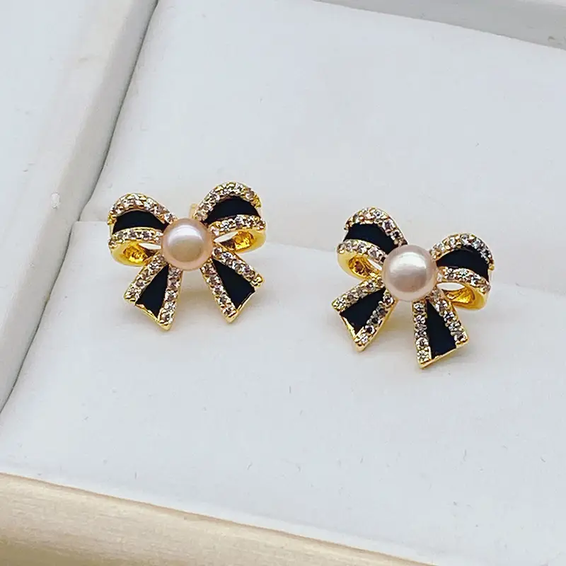 Bow Zircon Pearl Earrings High Fashion Design — feature 9