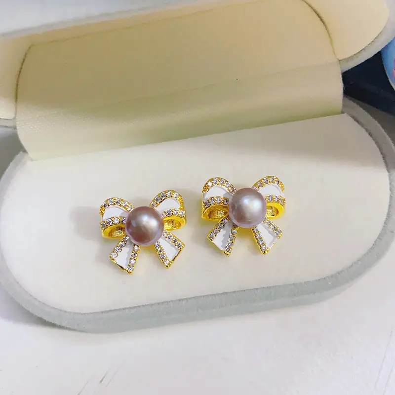 Bow Zircon Pearl Earrings High Fashion Design
