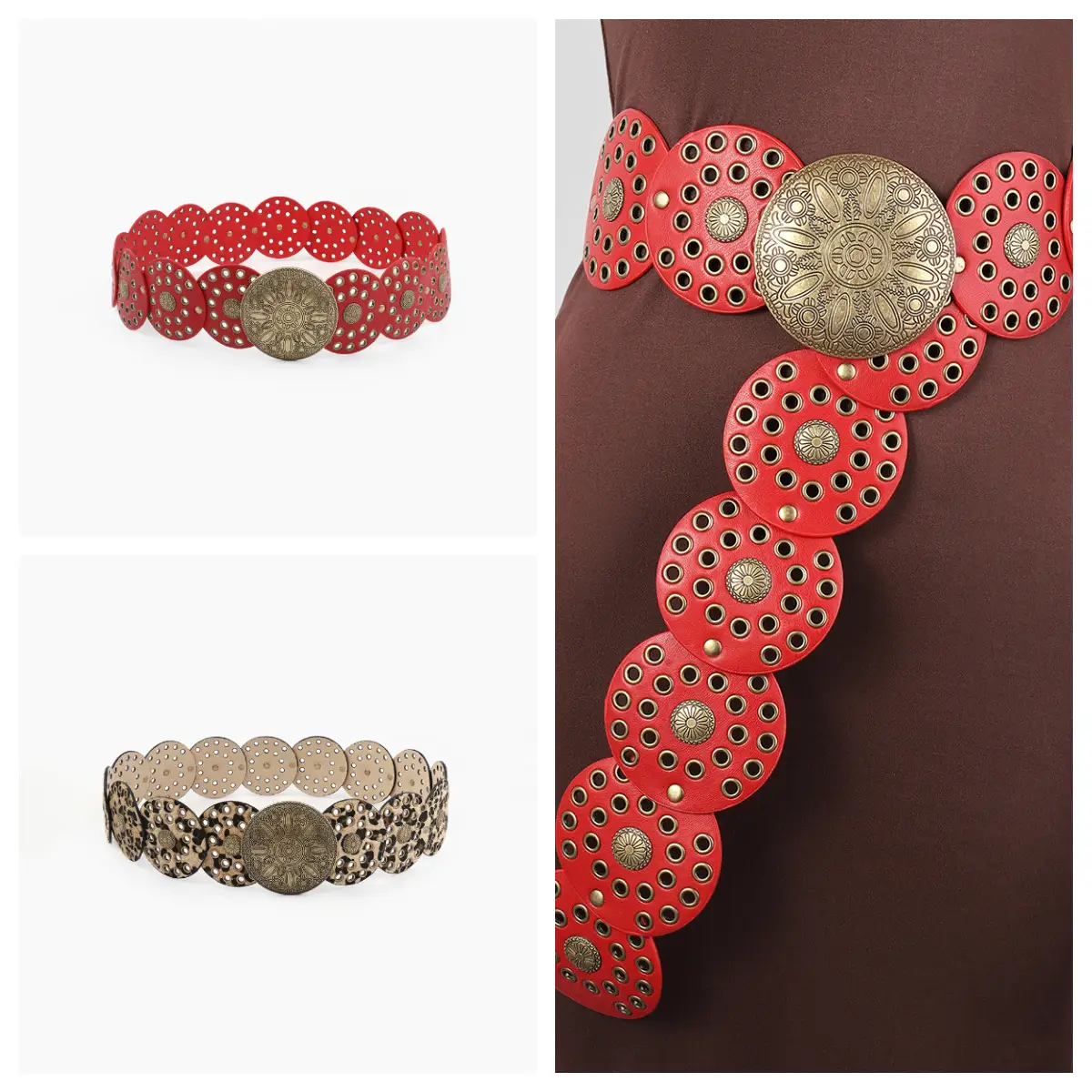 Red Crossbody Belt with Metal Plate for Women