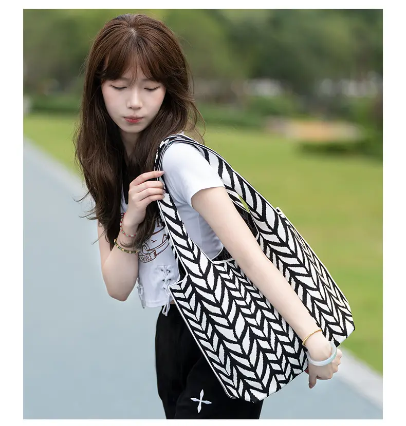 Black Chevron Knitted Shoulder Tote Bag for Women — feature 11