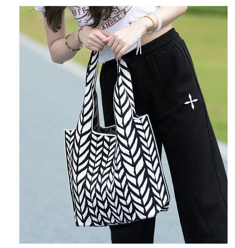 Black Chevron Knitted Shoulder Tote Bag for Women — feature 12