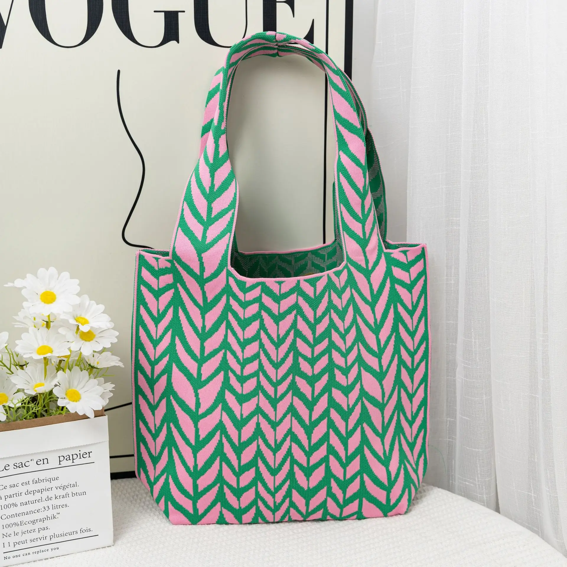 Black Chevron Knitted Shoulder Tote Bag for Women - Image 2