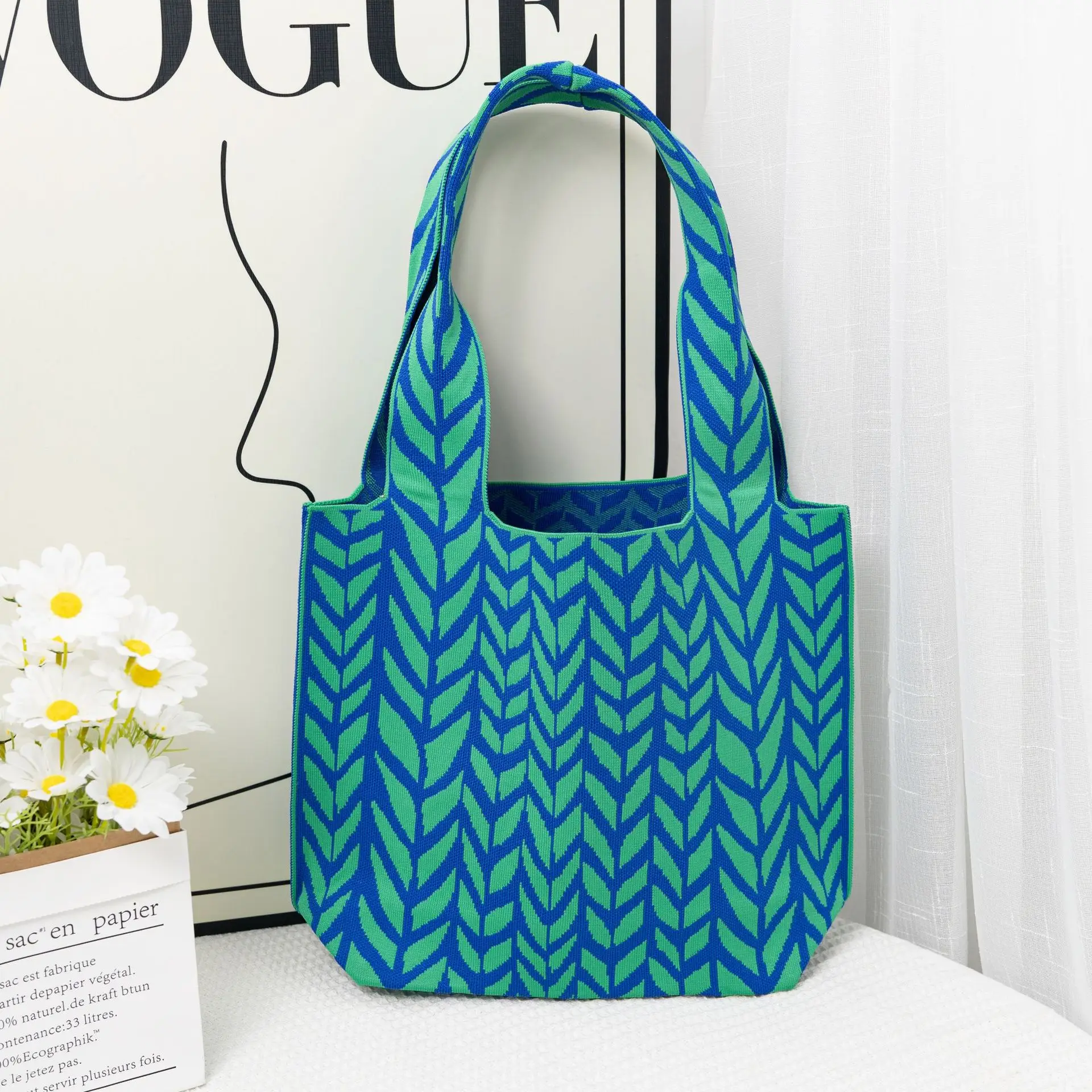 Black Chevron Knitted Shoulder Tote Bag for Women - Image 3
