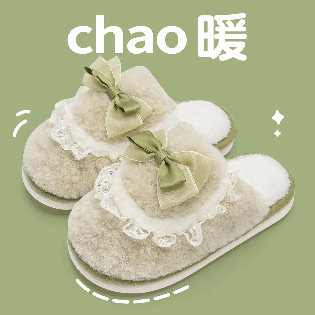 Thick-Soled Cotton Slippers for Home Use, Winter 2026 New Model, Non-Slip, with Bow, Plush, Warm, Indoor Home Wear, Winter - Image 2