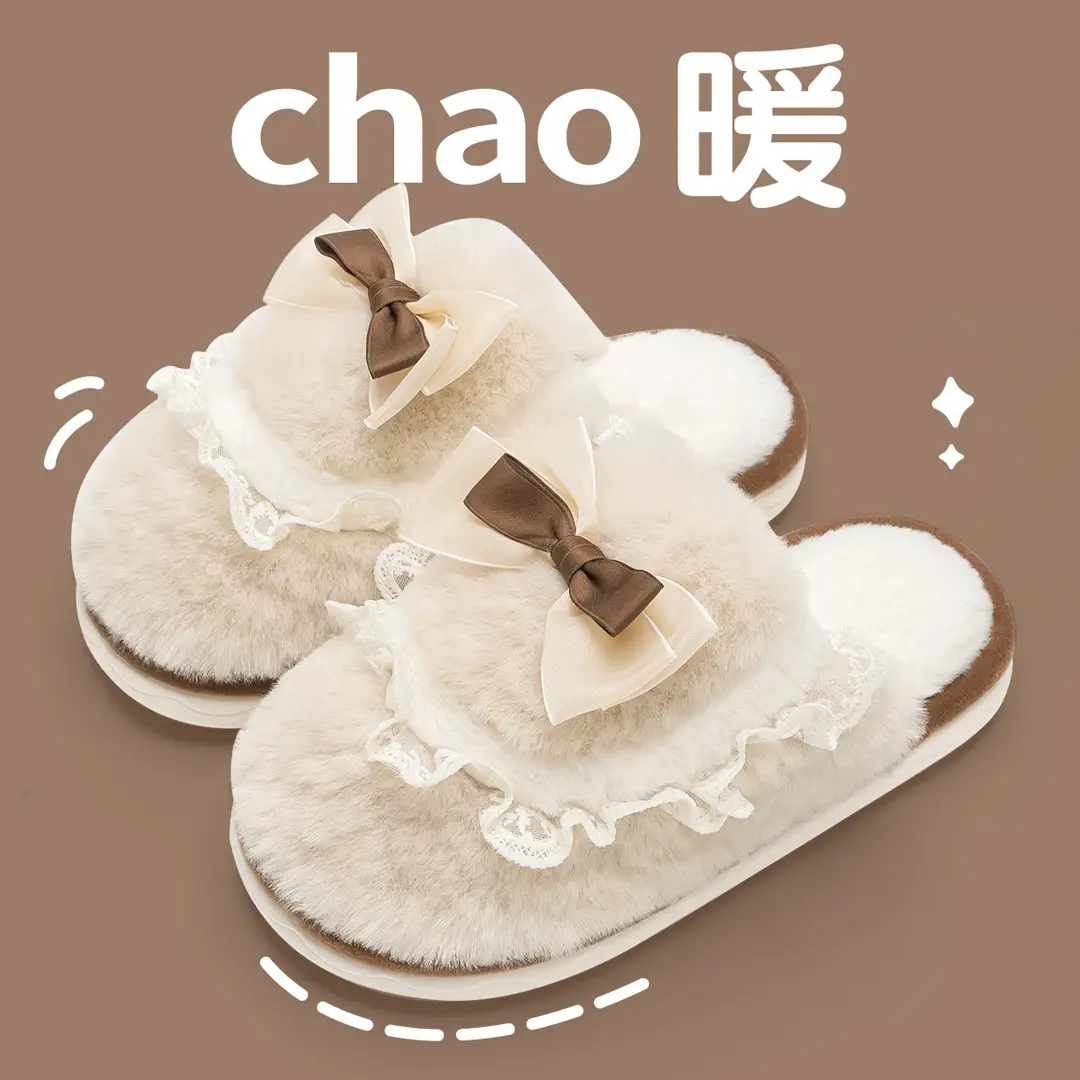 Thick-Soled Cotton Slippers for Home Use, Winter 2026 New Model, Non-Slip, with Bow, Plush, Warm, Indoor Home Wear, Winter - Image 3