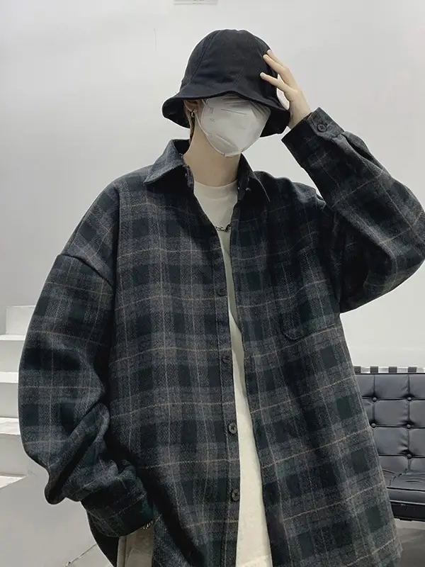 Men Plaid Long Sleeve Coat Spring Autumn Puffy Handsome - Image 4