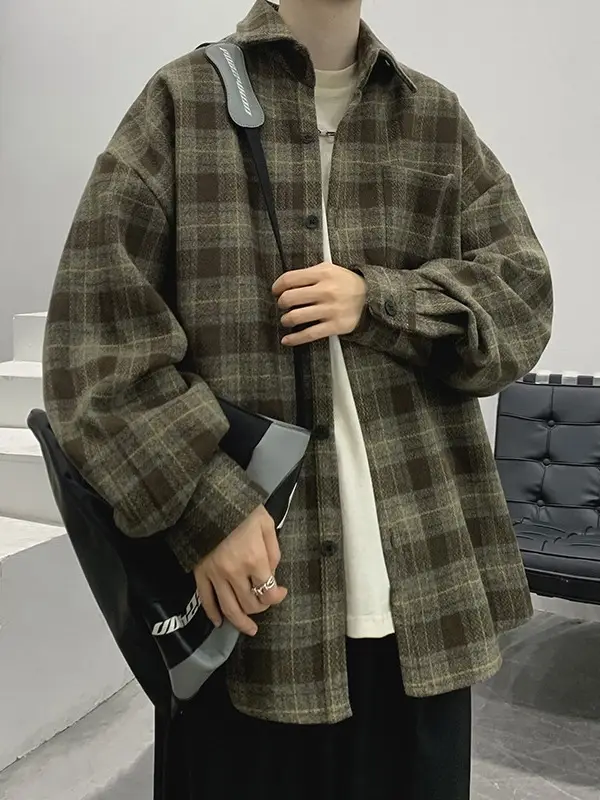 Men Plaid Long Sleeve Coat Spring Autumn Puffy Handsome - Image 5