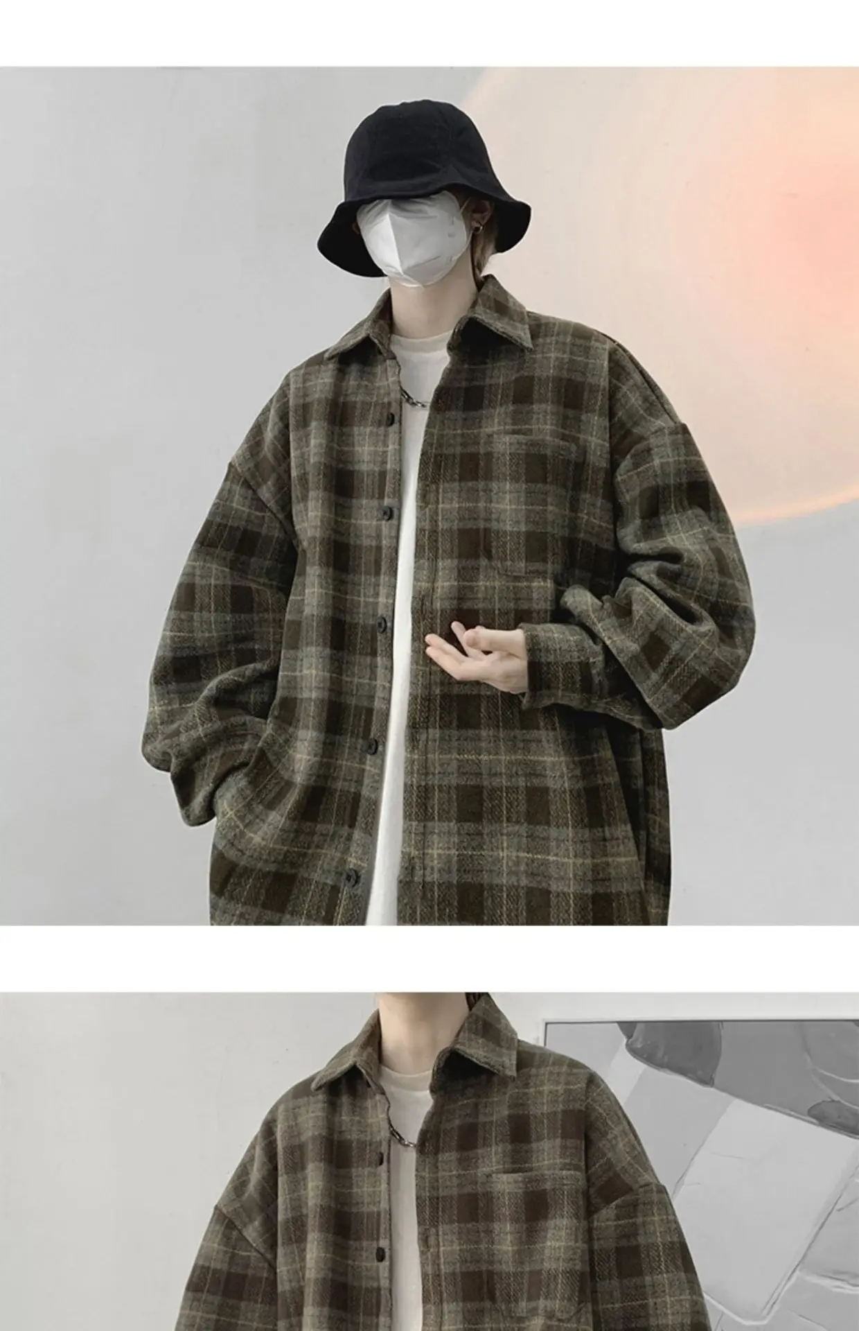 Men Plaid Long Sleeve Coat Spring Autumn Puffy Handsome — feature 14